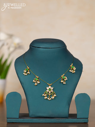 Invisible chain with floral pendant in green jadau kundan stones and pearl hanging