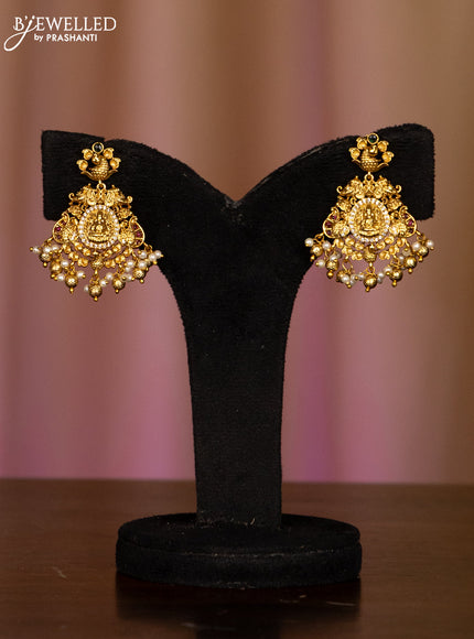 Pearl haaram with lakshmi pendant in kemp stones and golden ball hanging