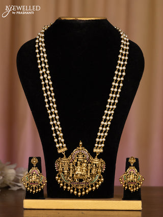 Pearl haaram with lakshmi pendant in multicolor stones and golden ball hanging