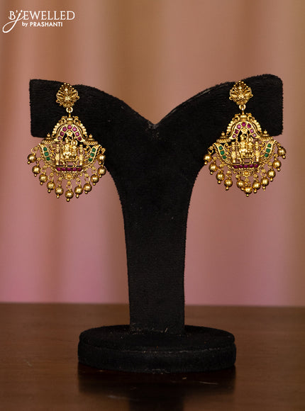 Pearl haaram with lakshmi pendant in multicolor stones and golden ball hanging