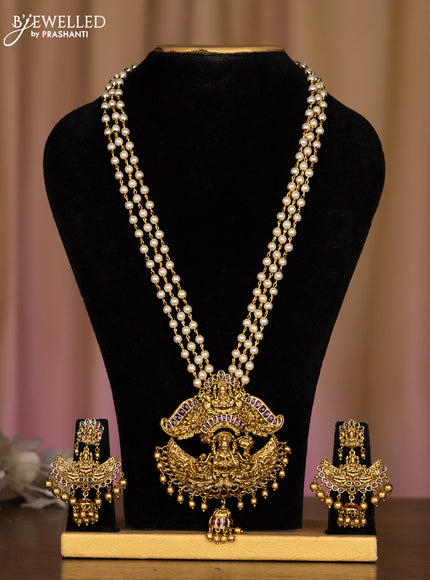 Pearl haaram with lakshmi pendant in multicolor stones and golden ball hanging
