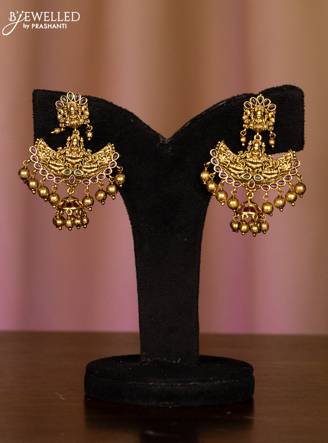 Pearl haaram with lakshmi pendant in multicolor stones and golden ball hanging