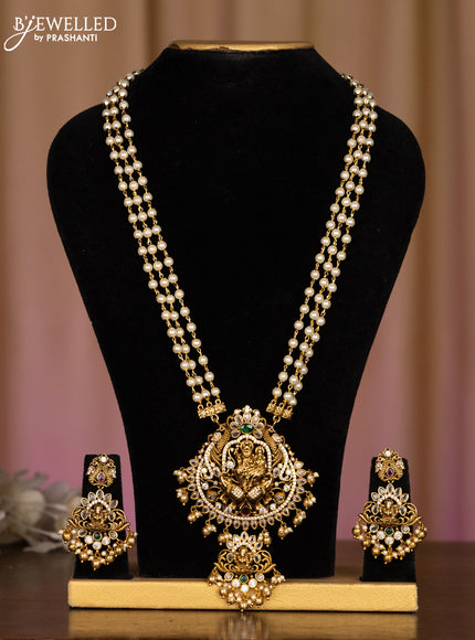 Pearl haaram with narasimha pendant in multicolor stones and golden ball hanging