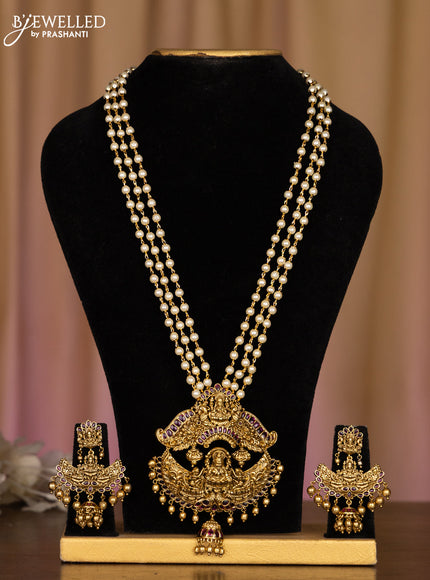 Pearl haarm with lakshmi pendant in fully kemp stones and golden ball hanging