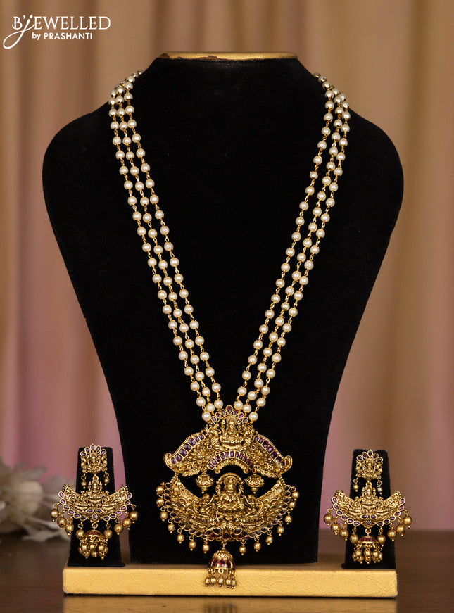 Pearl haarm with lakshmi pendant in fully kemp stones and golden ball hanging