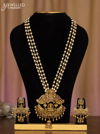 Pearl haarm with lakshmi pendant in fully kemp stones and golden ball hanging