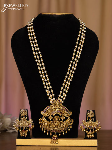 Pearl haarm with lakshmi pendant in fully kemp stones and golden ball hanging