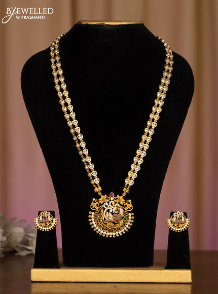 Pearl haaram with peacock pendant in multicolor stones