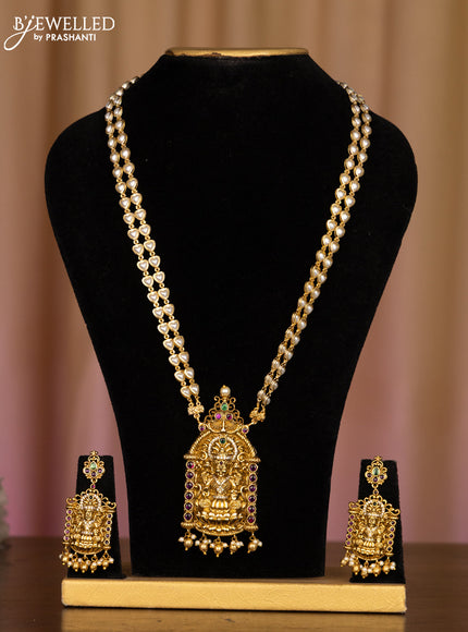 Pearl haaram with lakshmi pendant in multicolor stones and golden ball hanging