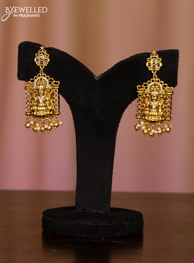 Pearl haaram with lakshmi pendant in multicolor stones and golden ball hanging