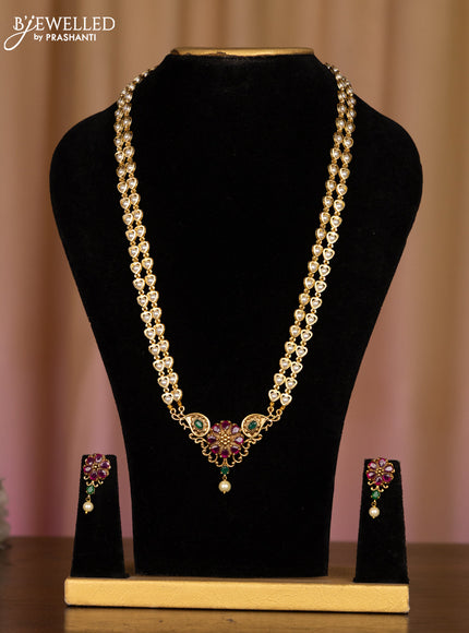 Pearl haaram with floral pendant in multicolor stones