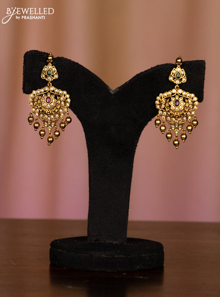 Pearl haaram with floral pendant in multicolor stones & golden ball hanging