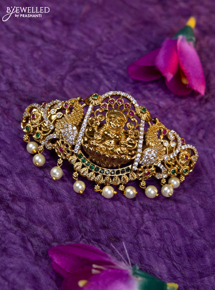 Antique medium size hair clip lakshmi design with kemp & cz stones and pearl hangings