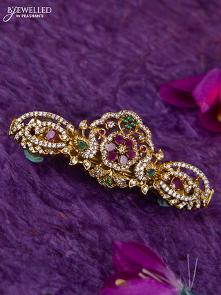 Antique medium size hair clip peacock design with kemp and cz stones