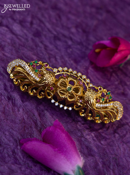 Antique medium size hair clip peacock design with kemp and cz stones
