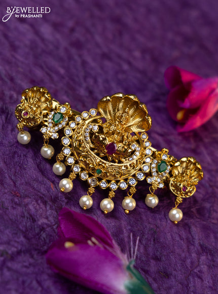 Antique medium size hair clip lakshmi design with kemp & cz stones and pearl hangings