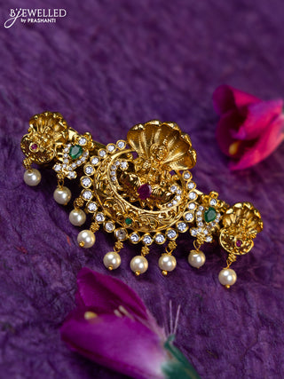 Antique medium size hair clip lakshmi design with kemp & cz stones and pearl hangings