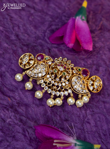Antique medium size hair clip bird design with kemp & cz stones and pearl hangings