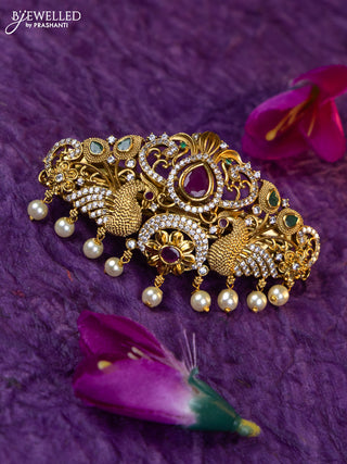 Antique medium size hair clip peacock design with kemp & cz stones and pearl hangings