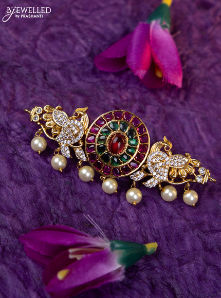 Antique medium size hair clip peacock design with kemp & cz stones and pearl hangings