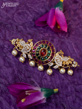 Antique medium size hair clip peacock design with kemp & cz stones and pearl hangings