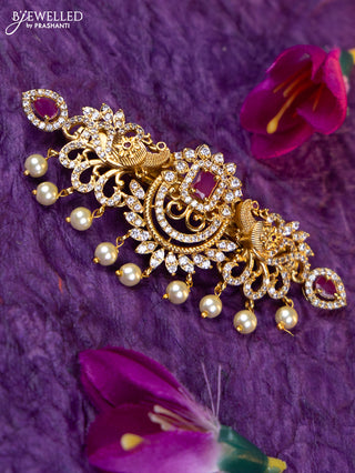 Antique medium size hair clip peacock design with ruby & cz stones and pearl hangings
