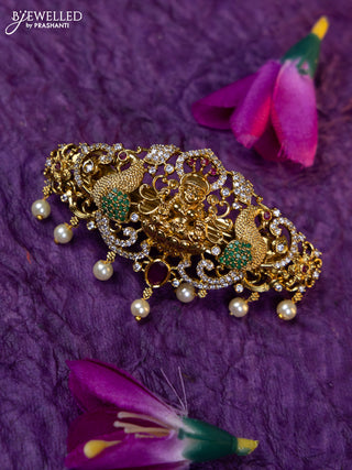 Antique medium size hair clip lakshmi design with kemp & cz stones and pearl hangings