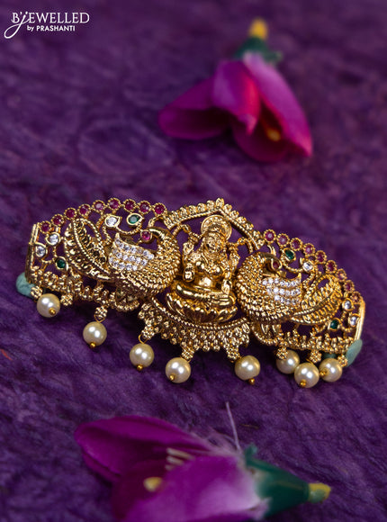 Antique medium size hair clip lakshmi design with kemp & cz stones and pearl hangings