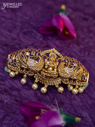 Antique medium size hair clip lakshmi design with kemp & cz stones and pearl hangings