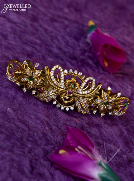 Antique medium size hair clip floral design with kemp and cz stones