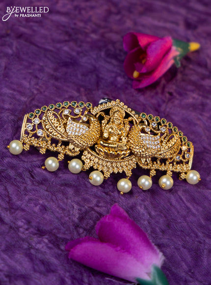Antique medium size hair clip lakshmi design with emerald & cz stones and pearl hangings