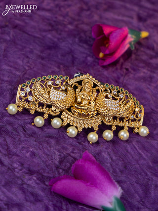Antique medium size hair clip lakshmi design with emerald & cz stones and pearl hangings