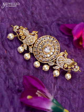 Antique medium size hair clip peacock design with kundan & cz stones and pearl hangings