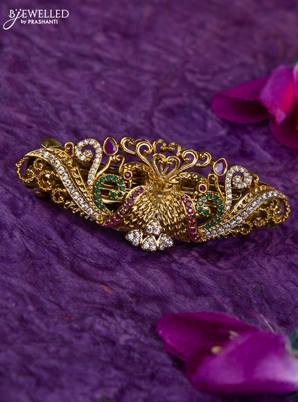 Antique medium size hair clip peacock design with kemp and cz stones