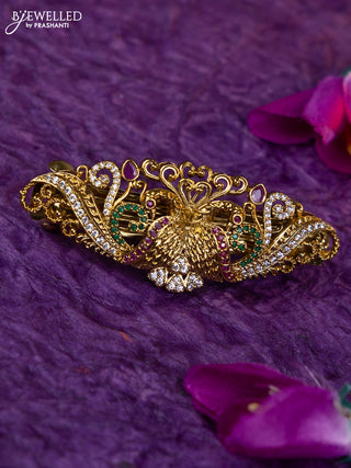 Antique medium size hair clip peacock design with kemp and cz stones
