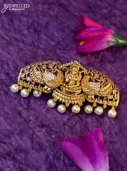 Antique medium size hair clip lakshmi design with kemp & cz stones and pearl hangings