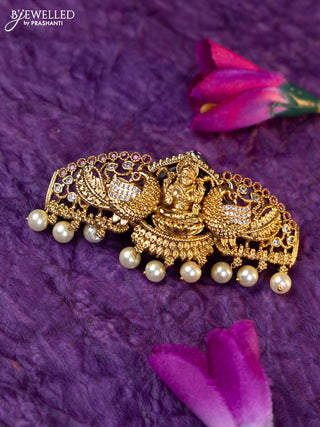 Antique medium size hair clip lakshmi design with kemp & cz stones and pearl hangings