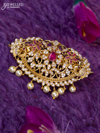 Antique medium size hair clip with ruby & cz stones and pearl hangings