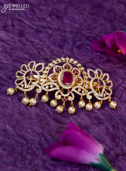 Antique medium size hair clip with ruby & cz stones and pearl hangings