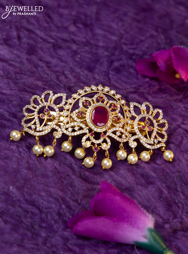 Antique medium size hair clip with ruby & cz stones and pearl hangings
