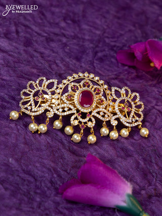 Antique medium size hair clip with ruby & cz stones and pearl hangings