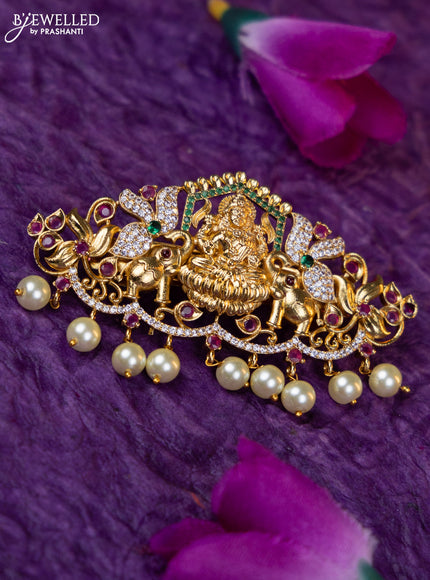 Antique medium size hair clip lakshmi design with kemp & cz stones and pearl hangings