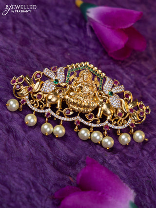 Antique medium size hair clip lakshmi design with kemp & cz stones and pearl hangings