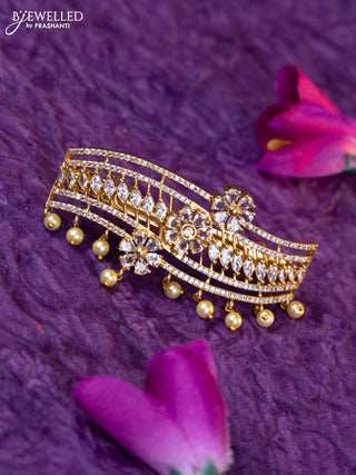 Antique medium size hair clip floral design with kundan & cz stones and pearl hangings