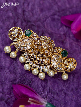 Antique medium size hair clip bird design with ruby & kundan stones and pearl hangings