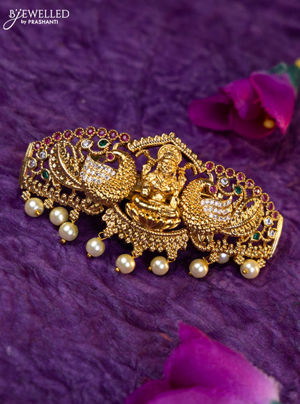 Antique medium size hair clip lakshmi design with kemp & cz stones and pearl hangings