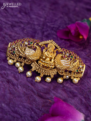Antique medium size hair clip lakshmi design with kemp & cz stones and pearl hangings