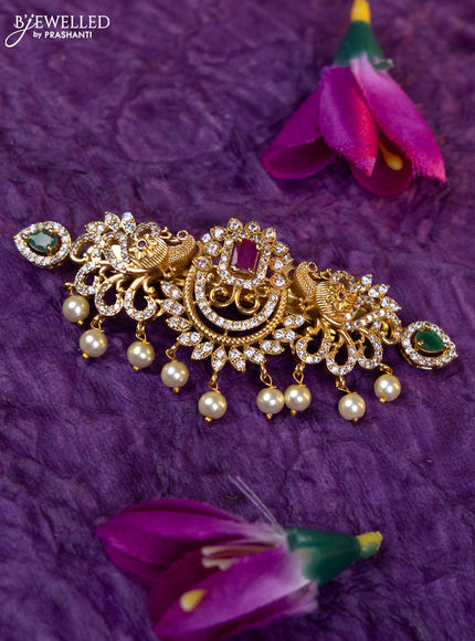 Antique medium size hair clip peacock design with kemp & cz stones and pearl hangings