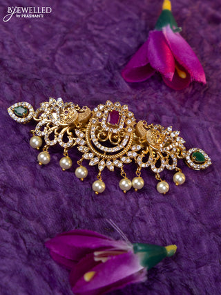 Antique medium size hair clip peacock design with kemp & cz stones and pearl hangings