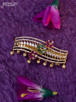 Antique medium size hair clip floral design with kemp & cz stones and pearl hangings